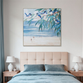 Square canvas print; Blue and green colour palette; Birds and eucalyptus leaf design; Light coloured wooden frame; Thick 4.5cm edge depth;