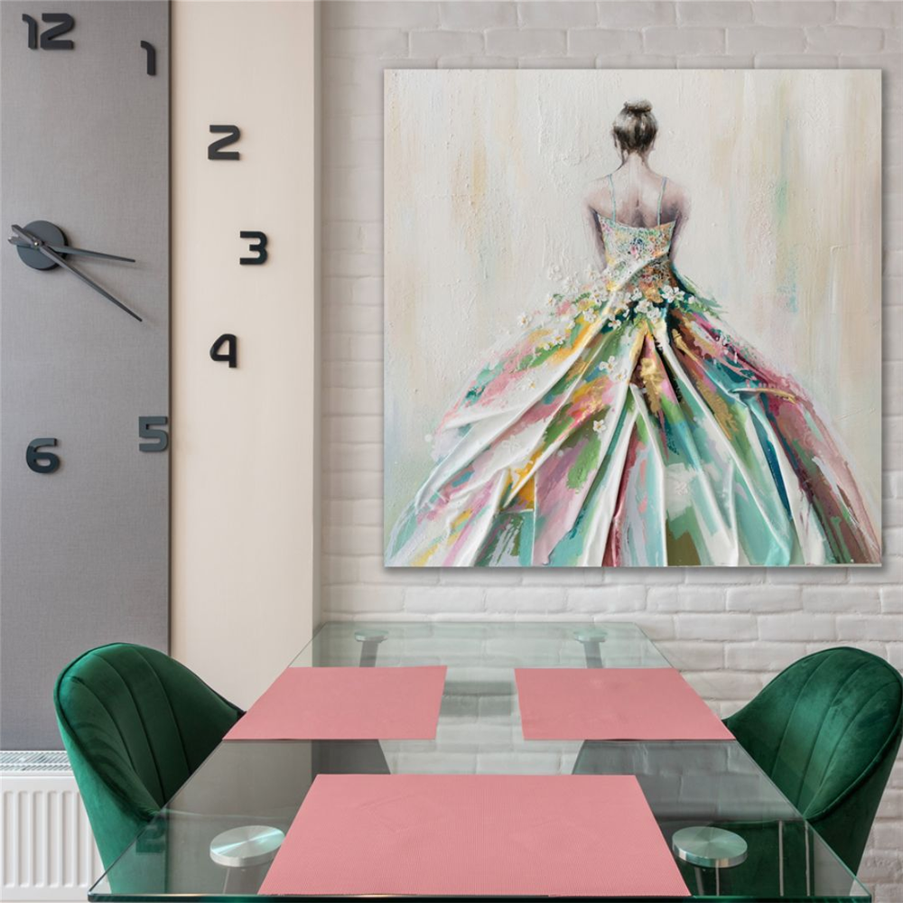 Colourful abstract woman in dress; Square canvas shape; Painted texture visible; Muted pastel colour palette; 5 cm depth canvas;