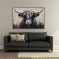 Hand painted canvas; Image of a highland bull; Neutral brown and black tones; Rectangular shape; Thin frame around canvas;