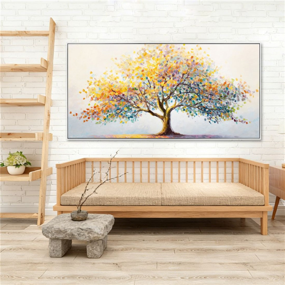 Colourful tree design with yellow, blue, orange and purple leaves; Large rectangular canvas shape; Slim black frame around the artwork; Textured brushstroke painting style; Canvas mounted on stretcher bars;