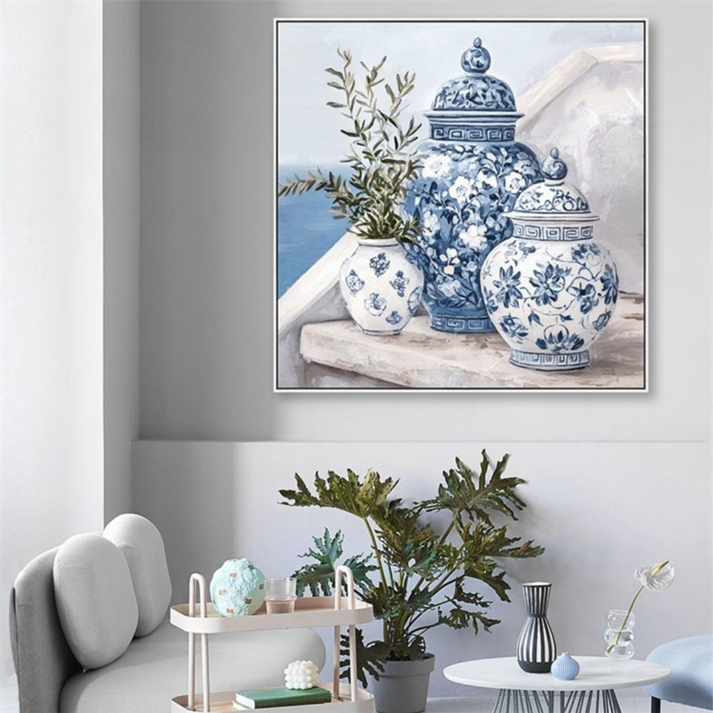 Square canvas; Blue and white floral vases design; Light neutral background; 4.5cm canvas depth; Framed canvas print;