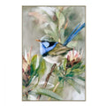depicts a blue and brown bird perched on a branch; soft muted green and grey background; includes a thin light wood-coloured frame; vertical rectangular canvas orientation; measures approximately 62.5x92.5x4.5cm;