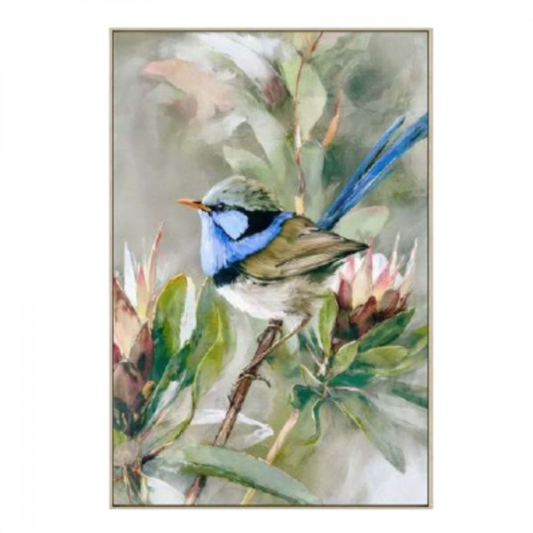 depicts a blue and brown bird perched on a branch; soft muted green and grey background; includes a thin light wood-coloured frame; vertical rectangular canvas orientation; measures approximately 62.5x92.5x4.5cm;