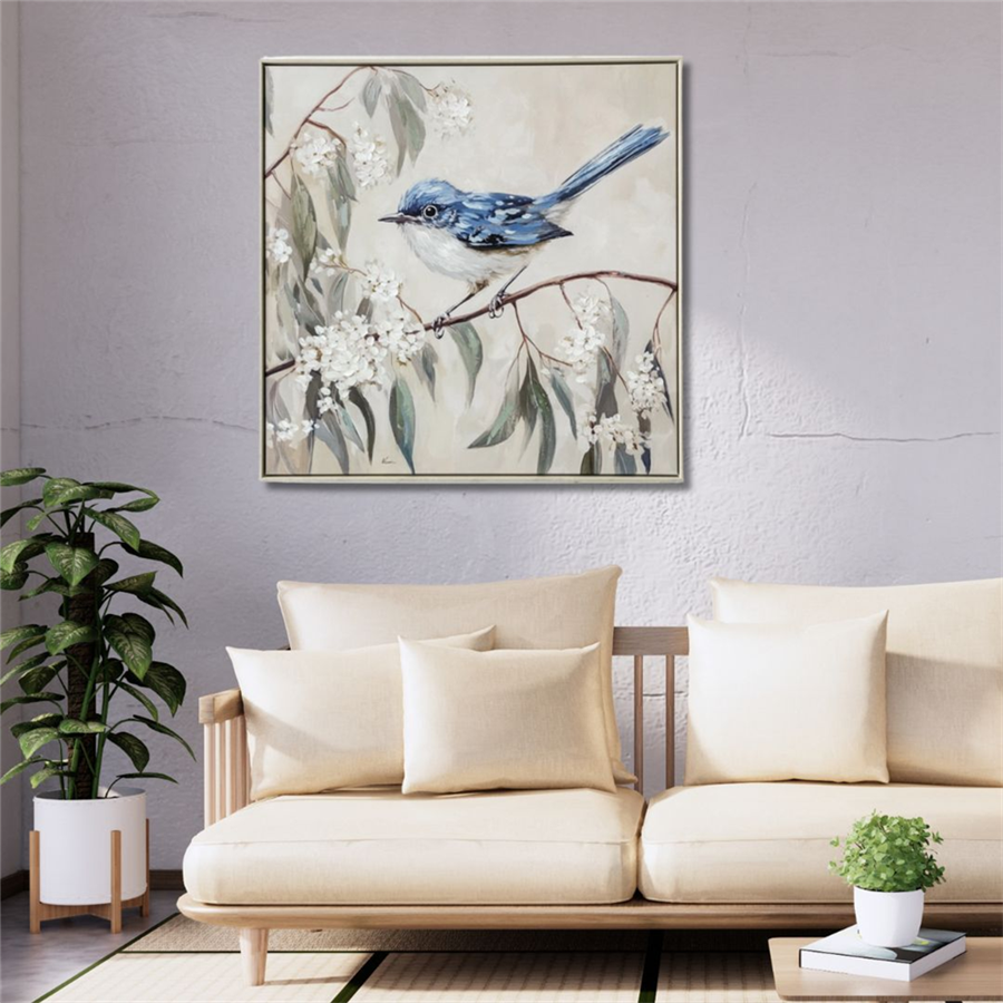 Square shape canvas print; Light-coloured thin frame; Bird painted on branch with white flowers; Neutral background and soft colours; Canvas depth approx 4.5cm;