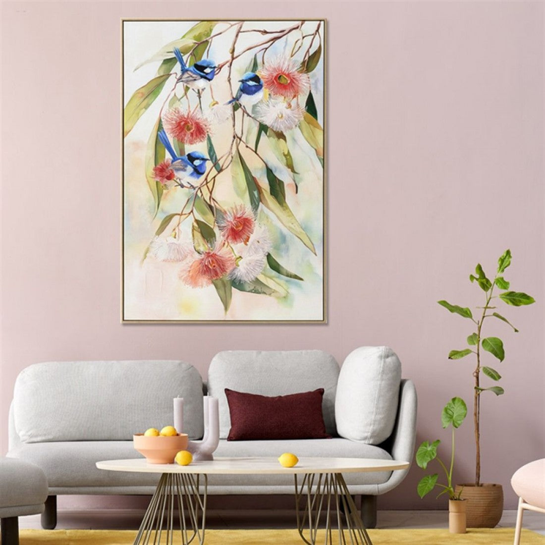 Canvas print with hand painted birds and flowers; Slim beige frame around canvas; Soft pastel background colours; Dimensions approx 82.5 x 122.5 x 4.5 cm;