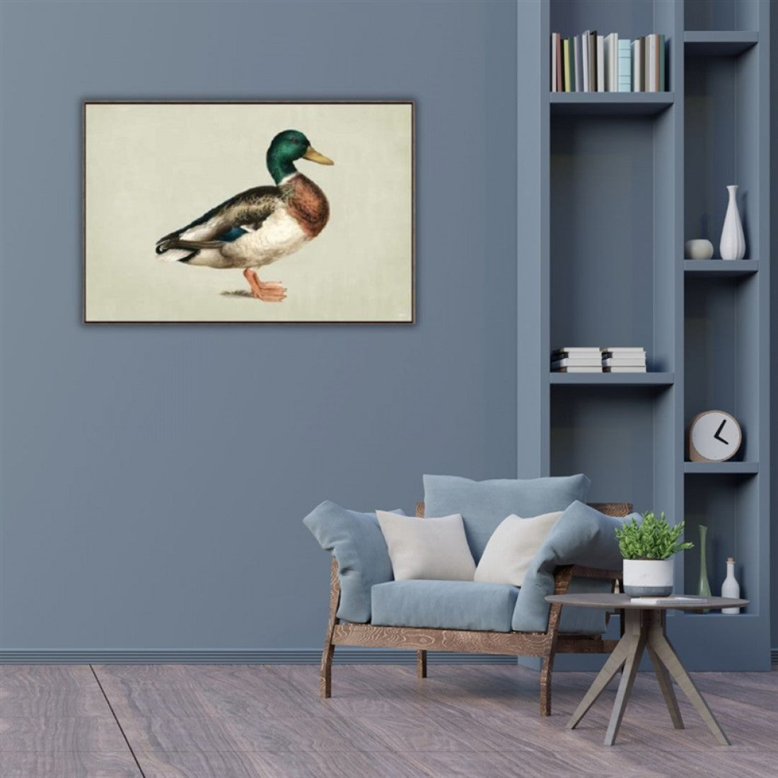 Image of a duck on canvas; Canvas in thin black or dark brown frame; Neutral beige background; Realistic hand-painted style; Size approx 92.5 x 62.5 cm;