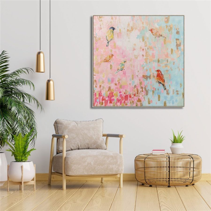 square canvas print; soft pastel colours; bird motifs; gold accent details; thin framed border;
