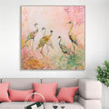 square canvas with frame; pastel pink and green colour palette; depiction of six birds; splattered paint background; framed print with slim profile;