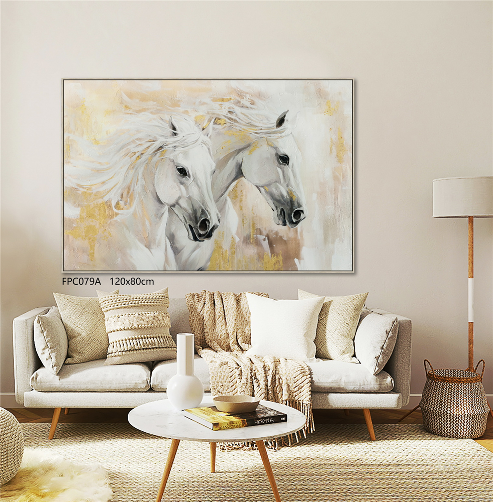 Two white horses painted on canvas; Hand painted style with brush strokes; Neutral and gold colour palette; Framed canvas with thin dark frame; Dimensions approximately 122.5x82.5x4.5cm;