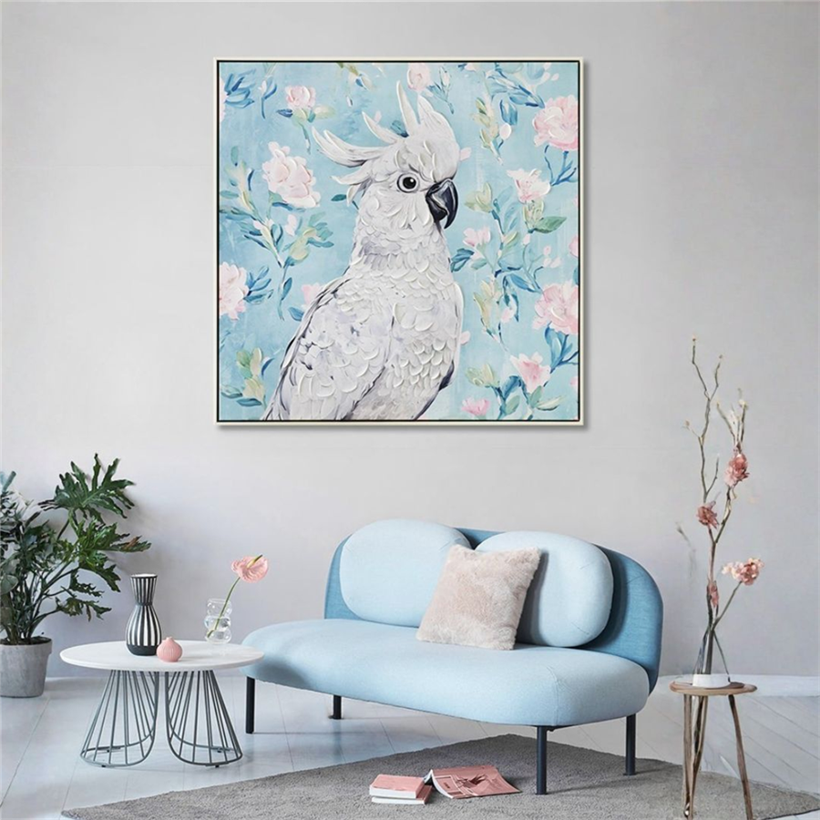 Square framed print; Cockatoo bird artwork; Pastel blue and pink floral background; Slim frame in muted colour;