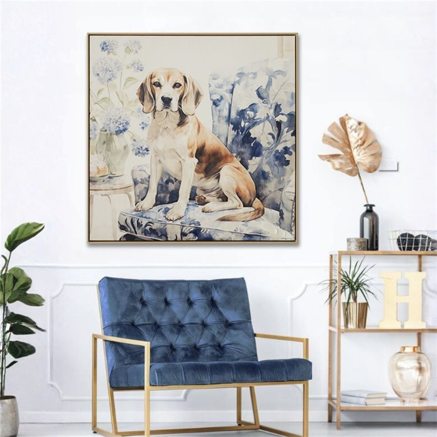 framed square print; depicts dog on floral cushion; blue and beige colour tones; wooden frame; square shape;