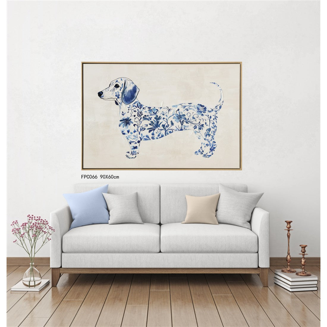 Blue and white floral patterned dog artwork; Cream background; Rectangular wooden frame; Artwork size approx. 62.5x92.5cm;