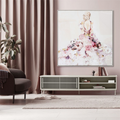 Soft pastel colours; Framed square canvas; Lady in floral ball gown painting; Size around 102.5 x 102.5cm; Muted background with delicate floral details;