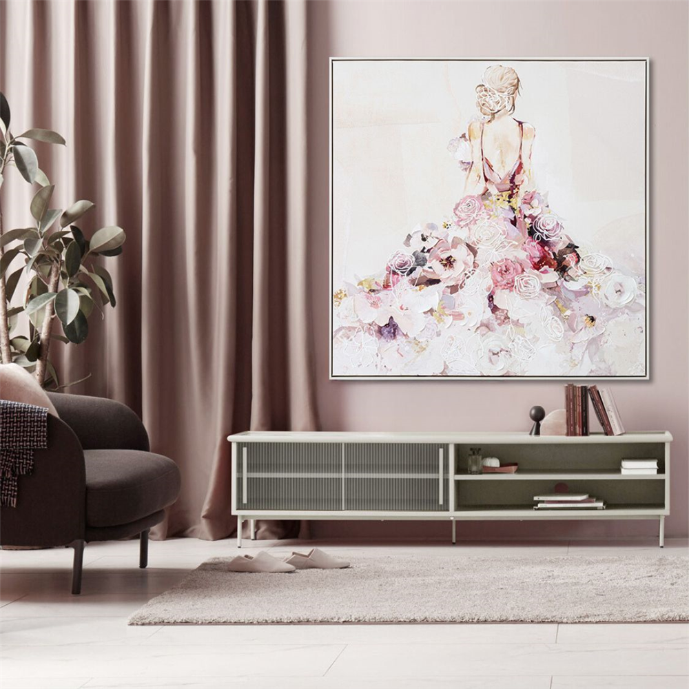 Soft pastel colours; Framed square canvas; Lady in floral ball gown painting; Size around 102.5 x 102.5cm; Muted background with delicate floral details;