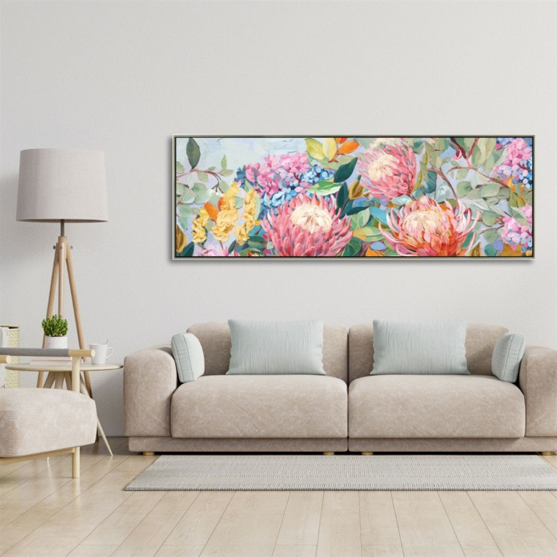 Rectangular canvas with frame; Floral painting with pink, yellow and blue flowers; Soft natural colour palette; Dimensions approx. 152.5 x 52.5 x 4.5cm;