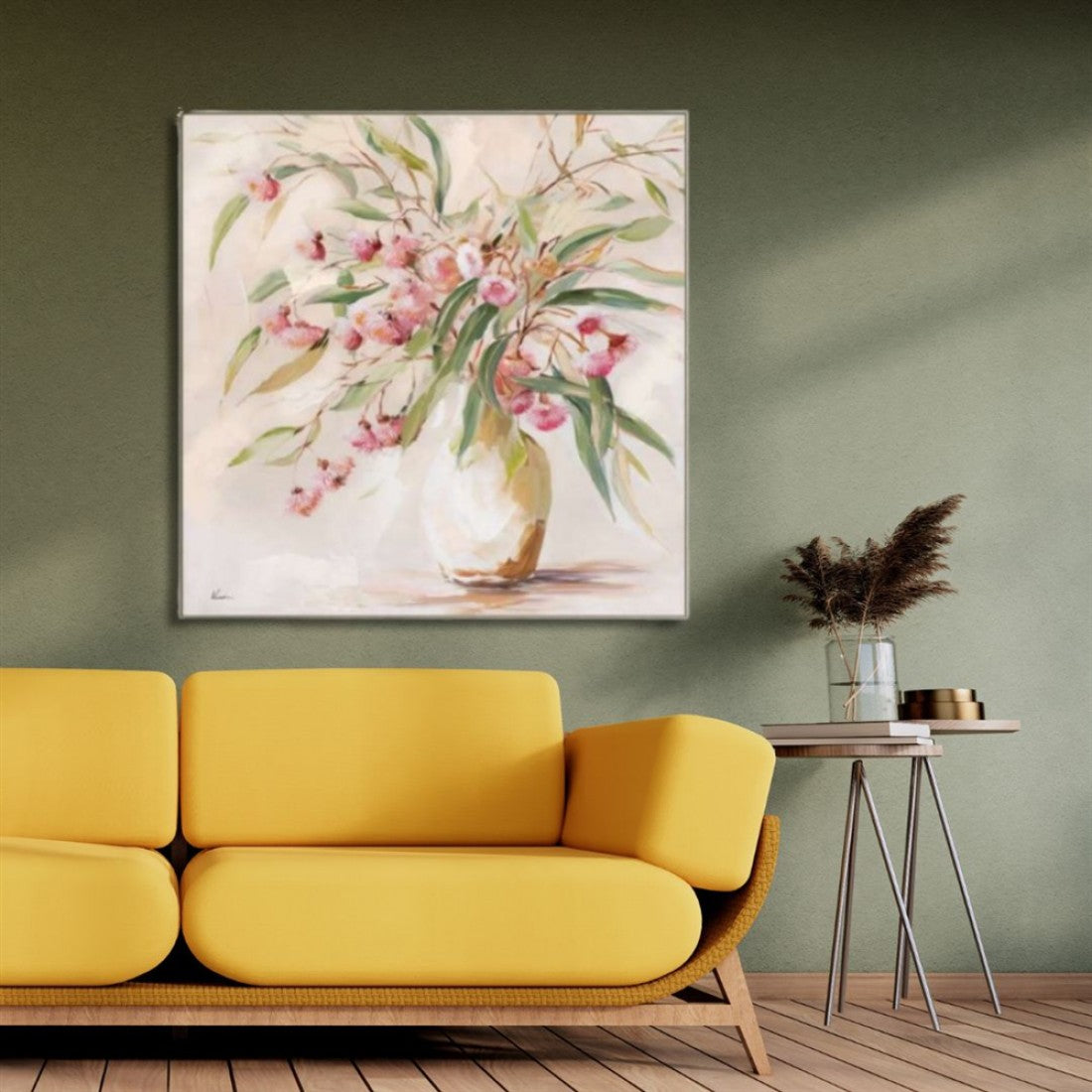 square canvas print; floral design with pink flowers and green leaves; neutral-toned frame; soft colour palette; canvas thickness approximately 4.5cm;