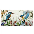 Rectangular canvas shape; Blue and yellow kingfisher birds; Native Australian flowers and foliage; Soft background with light colours; Canvas depth approximately 3cm;