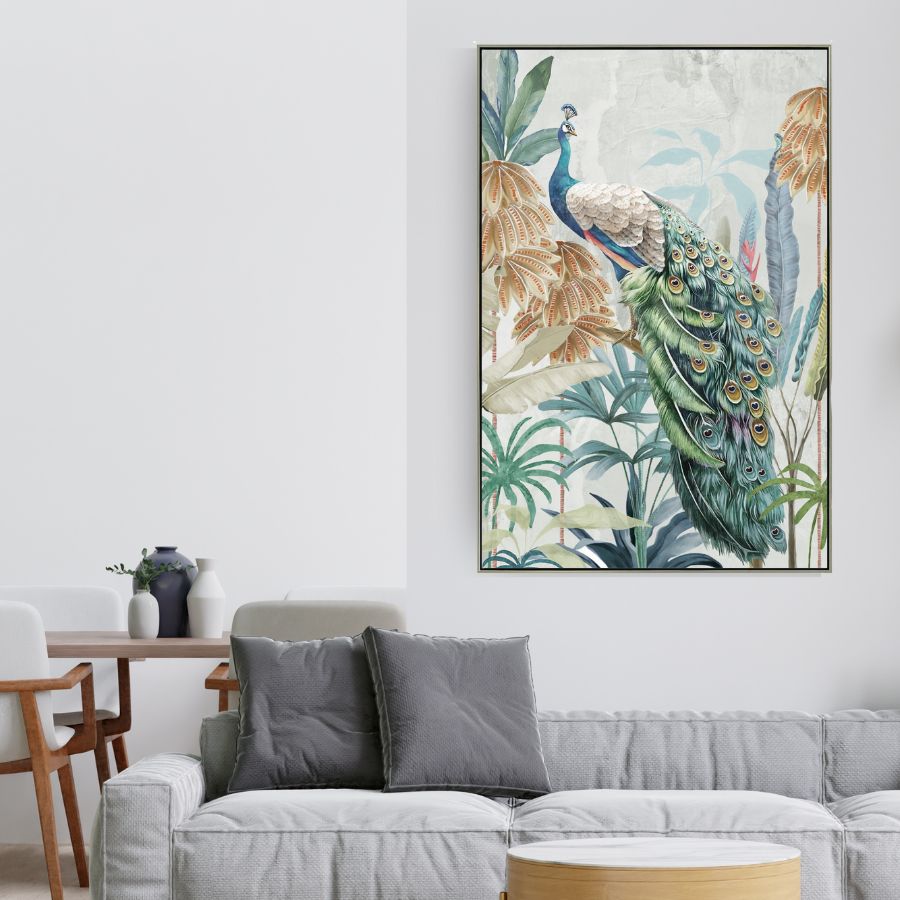 peacock design on canvas; silver frame; tropical foliage background; rectangular shape; 80x120x3.5cm size;