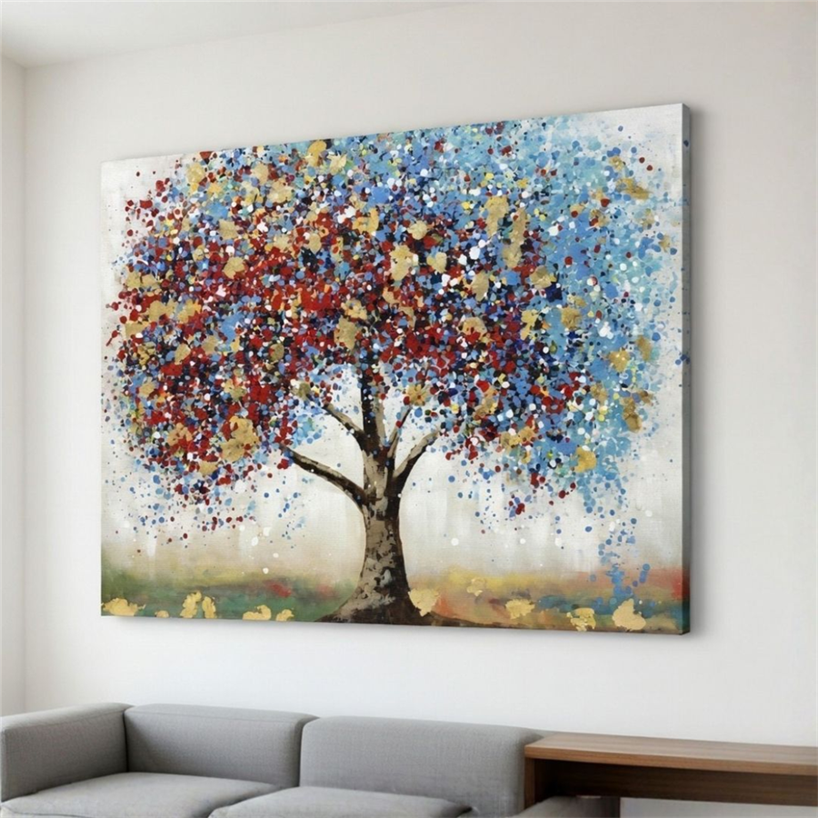 Large rectangular canvas; Tree artwork with multicolour paint splashes; Framed with thin silver/grey frame; Abstract style with blue, red, gold and white colours;