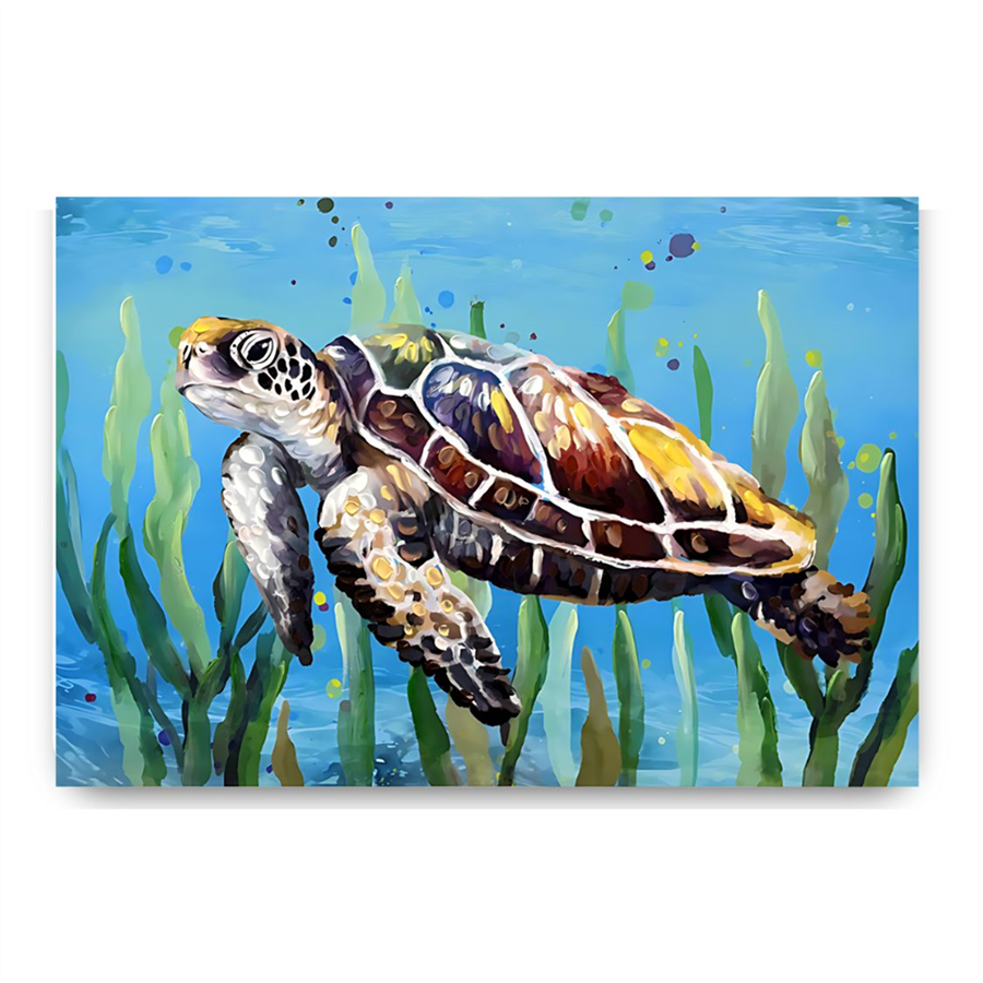 blue underwater background; sea turtle image; green seaweed accents; canvas stretched on frame; rectangular shape;
