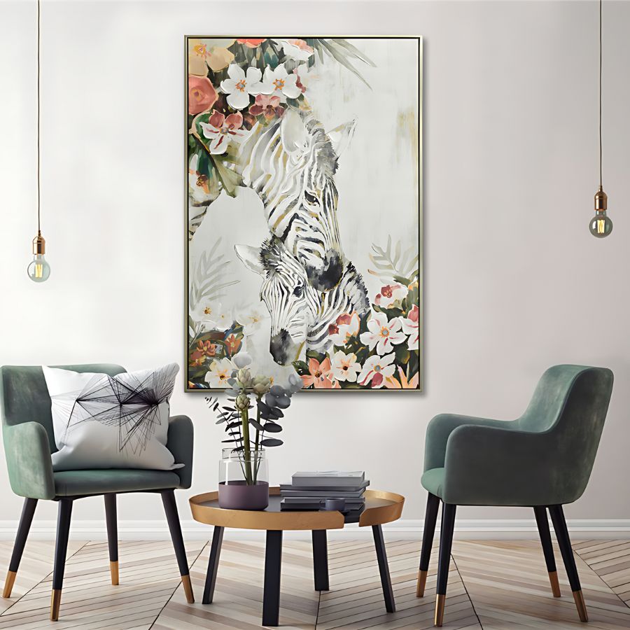 Zebra with floral artwork; Light pastel colour palette; Rectangular frame; Artwork size approximately 80x120cm; Decorative wall hanging;