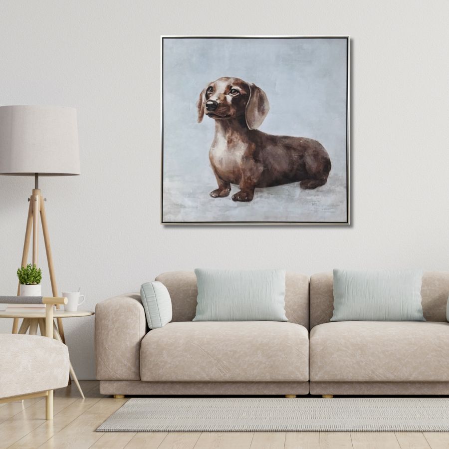 Square print with thin frame; Brown dachshund dog artwork; Muted grey and beige background colours; Frame depth about 4.5cm;