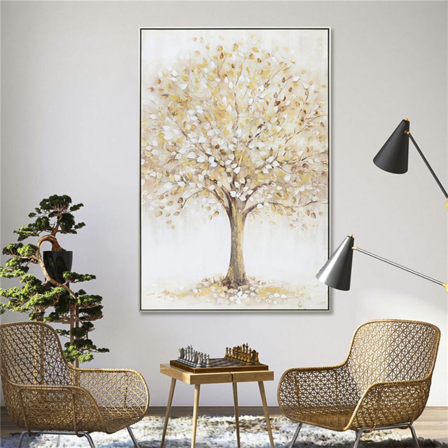 Framed rectangular print; Tree design with gold and beige leaves; Neutral background colours; Large size (82.5x122.5cm); Matte finish on painting;