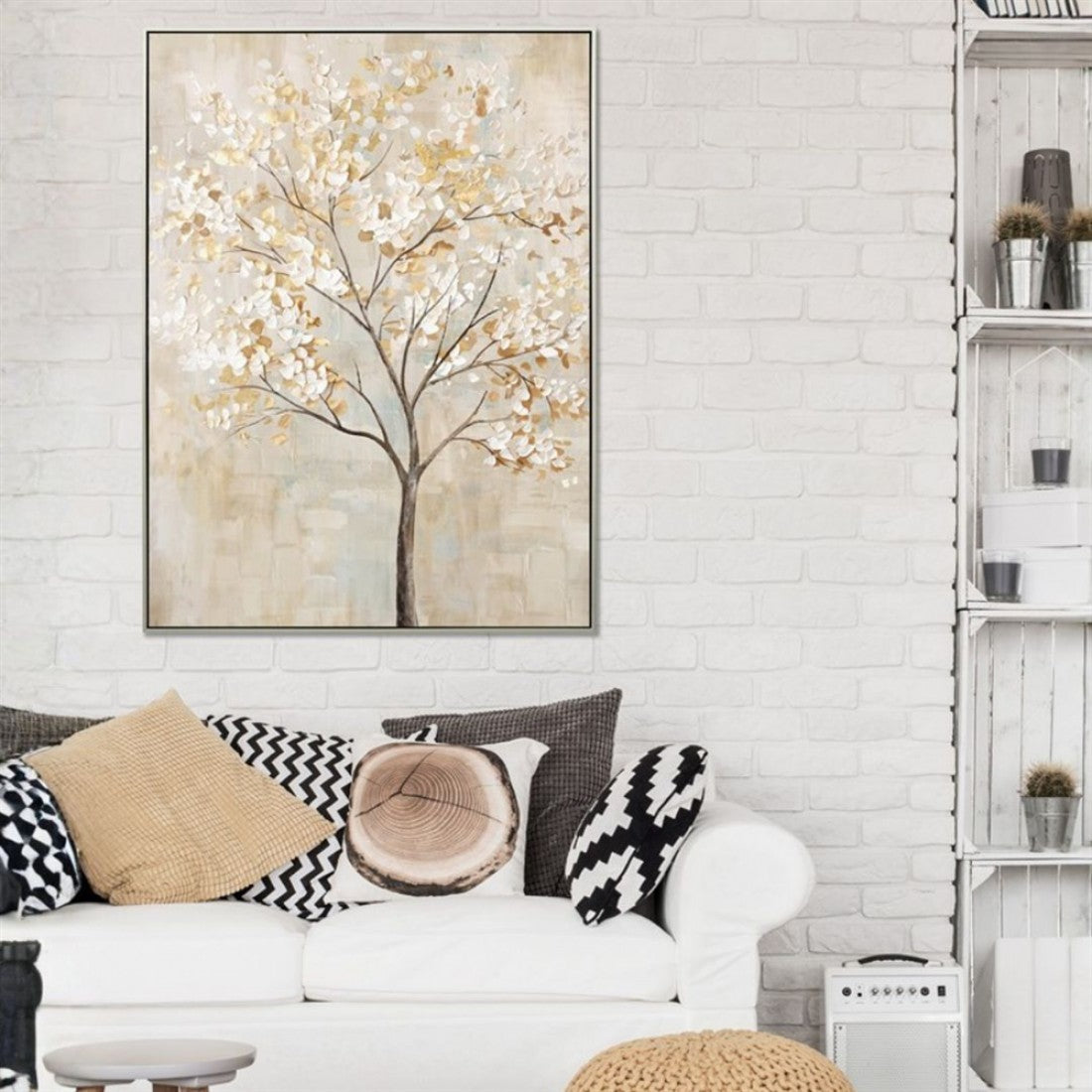 Large rectangular framed print; Tree design with white and beige leaves; Neutral beige and cream colour tones; Slim black frame; Textured brushstroke painting style;
