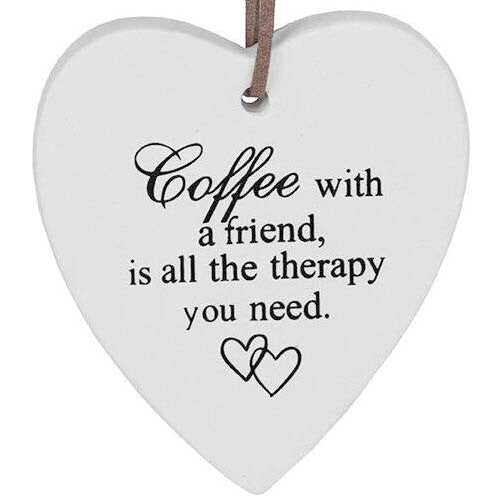 white ceramic heart shape; black printed text with script font; small linked heart graphics; brown hanging ribbon loop; 8x9cm size approximate;