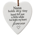 white ceramic heart-shaped hanger; black printed text message; brown hanging cord; smooth matte finish;