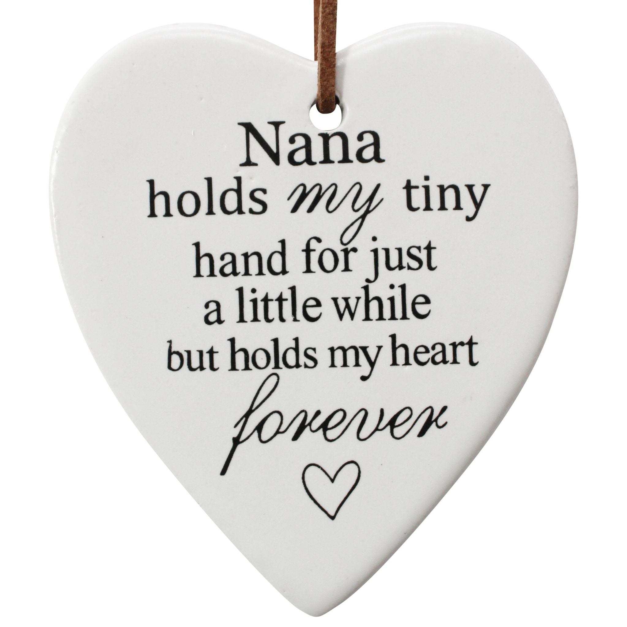 white ceramic heart-shaped hanger; black printed text message; brown hanging cord; smooth matte finish;