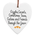 white ceramic heart shape; black script text; three small orange hearts; brown faux-leather hanging cord; matte finish surface;