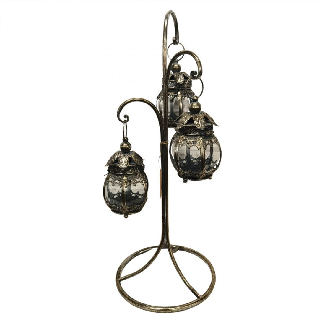 Three rounded glass lanterns hanging at different heights; Ornate antique-style metal detailing on lantern tops and frames; Tall curved metal stand with circular open base; Dark metallic finish with a slightly aged look;
