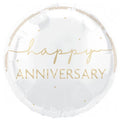round foil balloon; white colour; gold script text; "happy anniversary" lettering; small gold heart accents;
