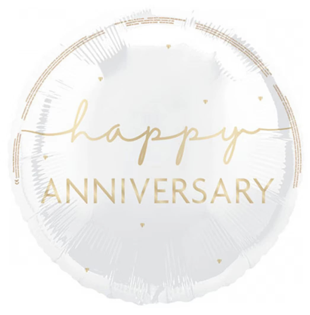 round foil balloon; white colour; gold script text; "happy anniversary" lettering; small gold heart accents;