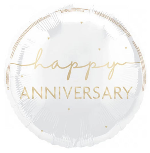 round foil balloon; white colour; gold script text; "happy anniversary" lettering; small gold heart accents;