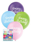 Assorted colours: purple, light blue, green, pink; White "Happy Birthday" text on balloons; Latex material; 12 inch / 30.4 cm diameter; Pack contains 8 balloons in packaging;
