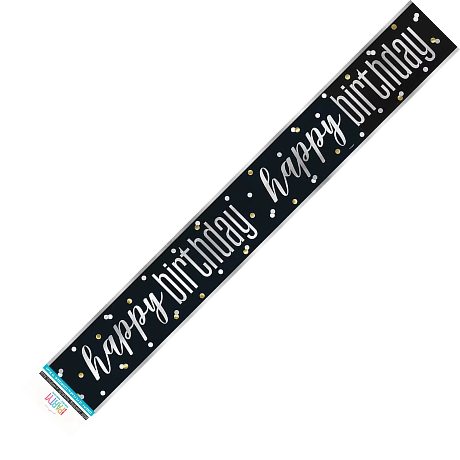 black background; silver foil lettering; confetti dot pattern; long rectangular shape; 3.65 metres length;