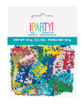 assorted shiny foil confetti pieces; confetti shapes spell 'Happy Birthday'; bright colours including red, blue, yellow, green, silver; packaged in clear plastic bag with white and teal header;