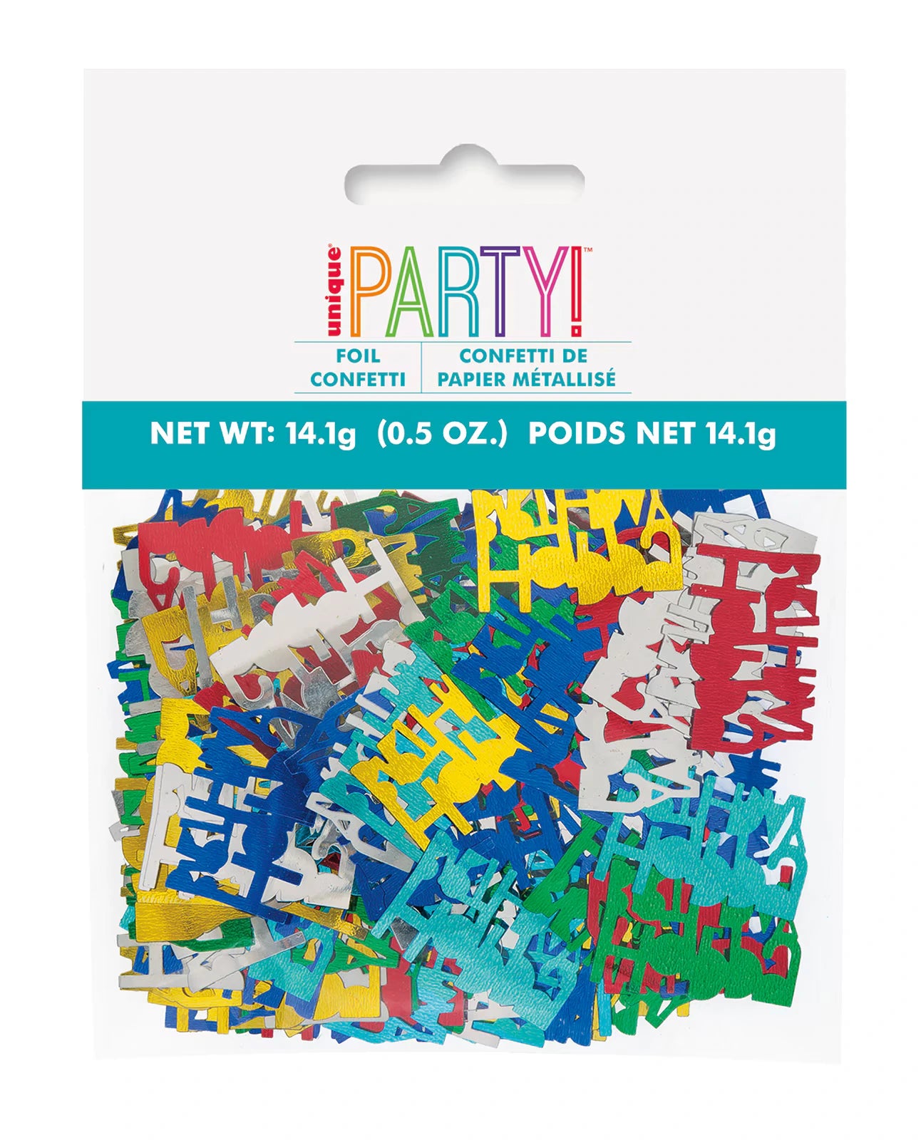assorted shiny foil confetti pieces; confetti shapes spell 'Happy Birthday'; bright colours including red, blue, yellow, green, silver; packaged in clear plastic bag with white and teal header;