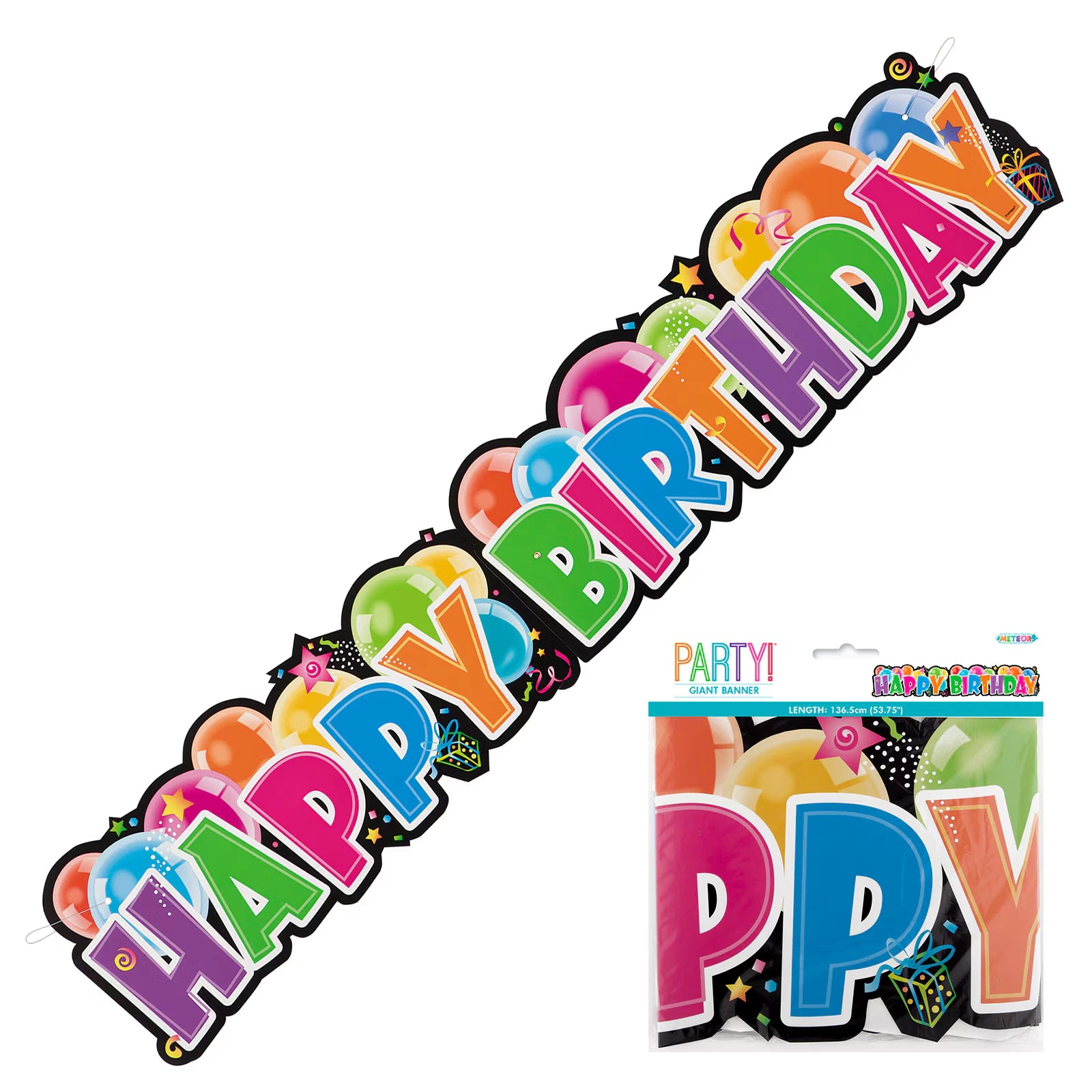 Large banner with 'Happy Birthday' text; Multicolour letters with balloon illustrations; Cardboard material; Jointed sections for flexible hanging; Packaging shows folded banner inside clear bag;