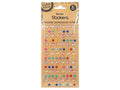 clear plastic packaging on cardboard backing; heart-shaped and flower-shaped stickers; colourful stickers in rows; stickers in small strip format; natural brown kraft cardboard backing;