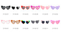 heart shaped frames; hot pink colour; plastic material; dark tinted lenses;