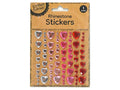 heart-shaped rhinestones; silver, pink and red colours; 144 pieces on a single sheet; adhesive sticker backing; packaged on brown Kraft paper card;