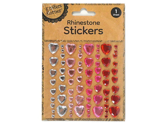 heart-shaped rhinestones; silver, pink and red colours; 144 pieces on a single sheet; adhesive sticker backing; packaged on brown Kraft paper card;
