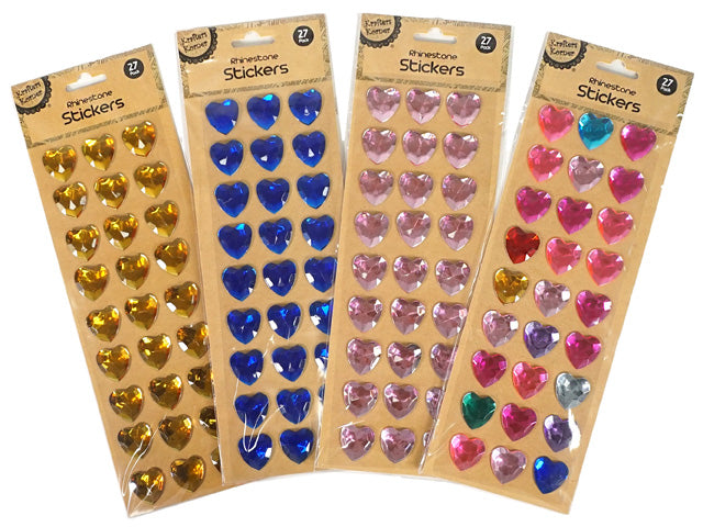 heart-shaped stickers; rhinestone style; assorted colours; 27 stickers per pack; packaging with kraft paper card;