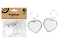 Heart shaped design; Clear plastic centre insert; Silver metal keyring attached; Pack of 4 keyrings in transparent packaging with brown paper header;