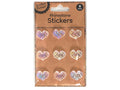 heart shaped stickers; 9 pack; iridescent rhinestone finish; brown backing card; packaged in clear plastic;