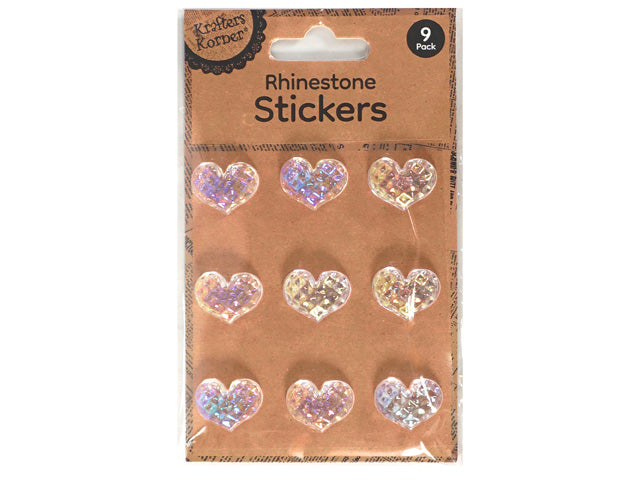 heart shaped stickers; 9 pack; iridescent rhinestone finish; brown backing card; packaged in clear plastic;