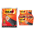 Orange and red packaging with flame graphic; Image of toe with warmer applied; Text indicating up to 8 hours heat; Black sock illustration; Small adhesive pack size;
